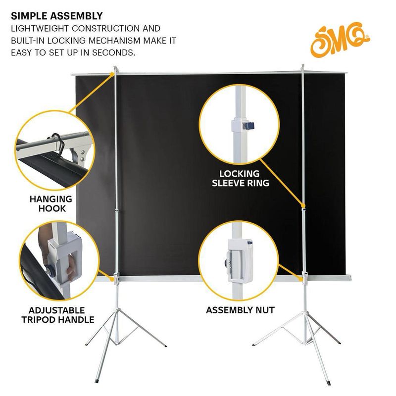SMQ PRO Tripod screen with double stainless stand with bag + ropes hook 150”
