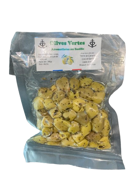 Olives Vertes dénoyautées aromatisées au basilic - Provence - Sous vide