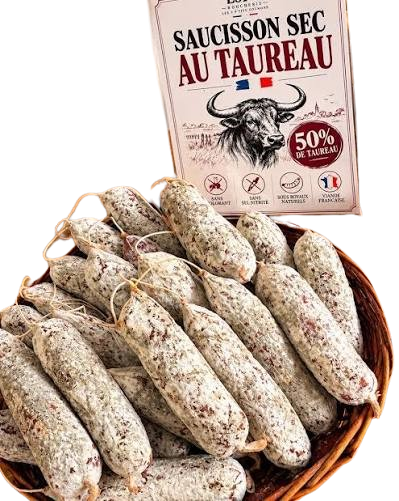 Saucisson de Taureau de Camargue AOP artisanal, sans additifs – 100% naturel Saucisson de Taureau de Camargue AOP artisanal, sans additifs – 100% naturel