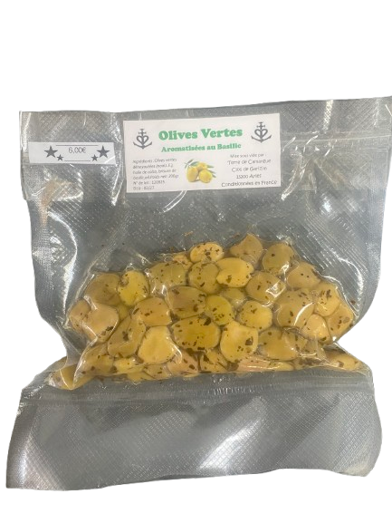 Olives Vertes dénoyautées aromatisées au basilic - Provence - Sous vide