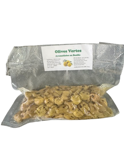 Olives Vertes dénoyautées aromatisées au basilic sous vide Olives Vertes dénoyautées aromatisées au basilic sous vide