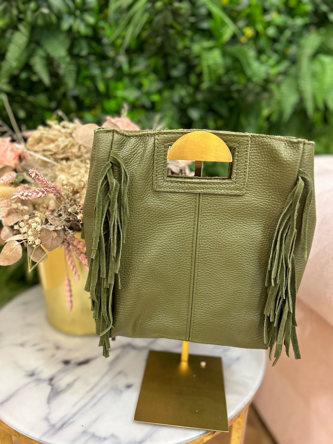 Bolso piel flecos verde