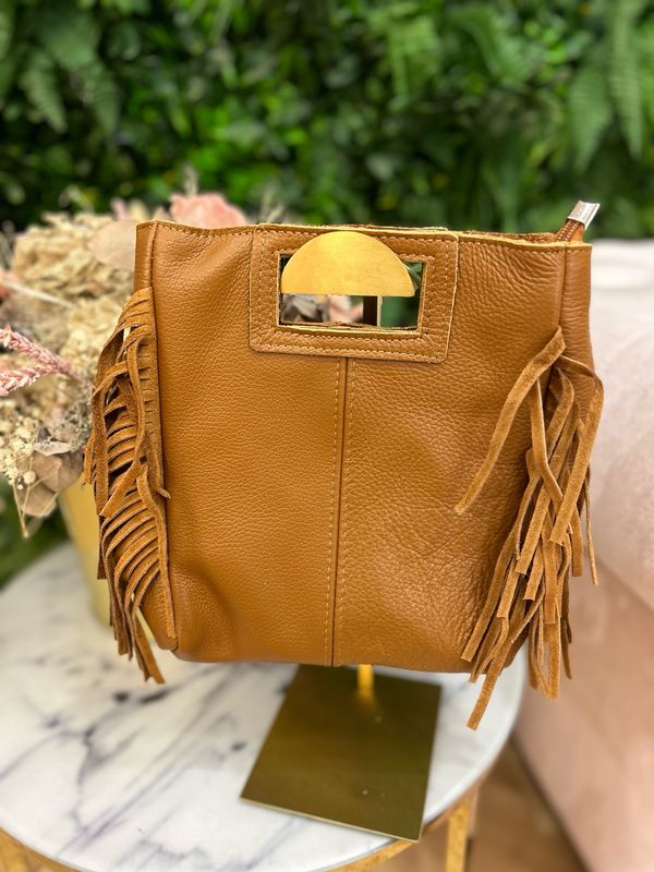 Bolso piel flecos camel