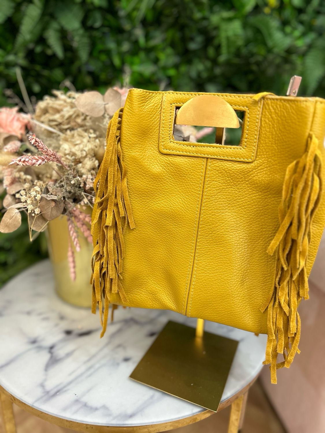 Bolso piel flecos mostaza