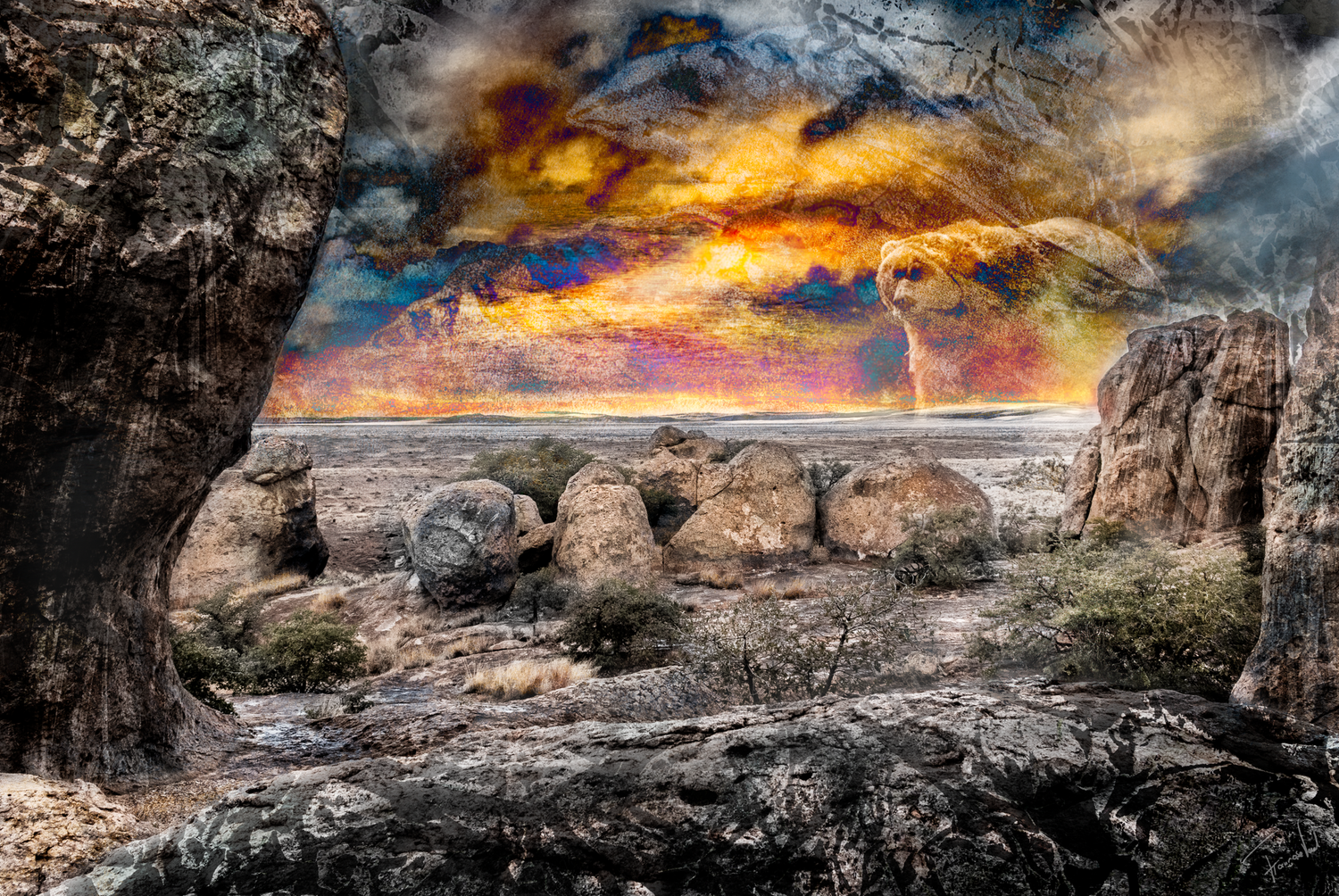 Photo of mixed media artwork "Forebear' depicting a spirit bear in a rocky landscape. Made by Françoise Vaal