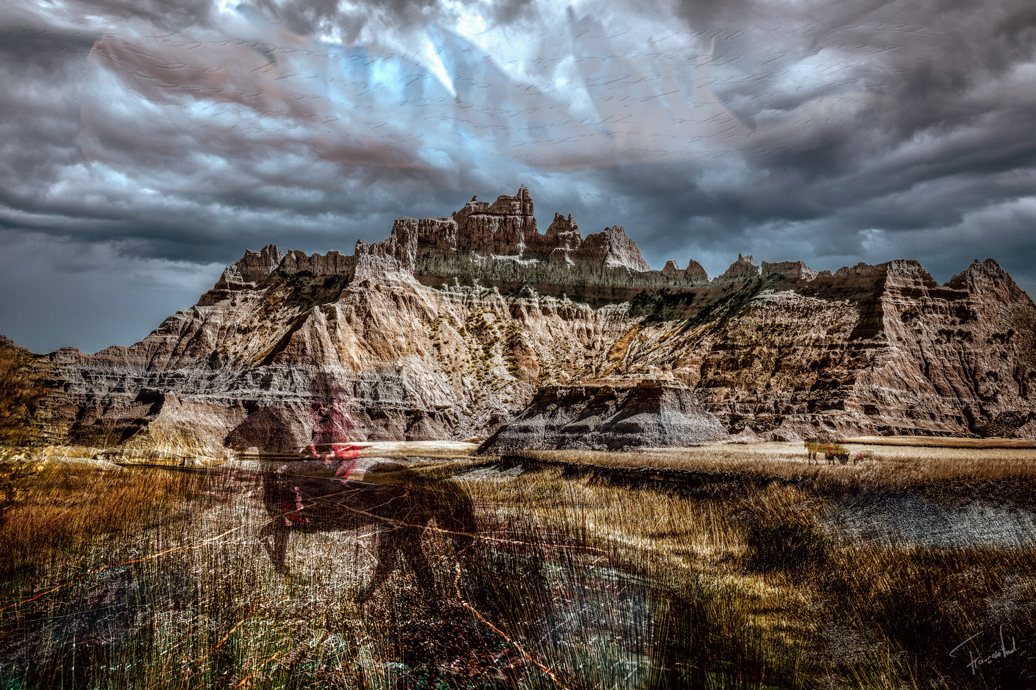 Photo of artwork 'We're still here' depicting a landscape and the spirit of a native American warrior. By Françoise Vaal