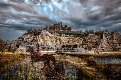 Photo of artwork 'We're still here' depicting a landscape and the spirit of a native American warrior. By Françoise Vaal