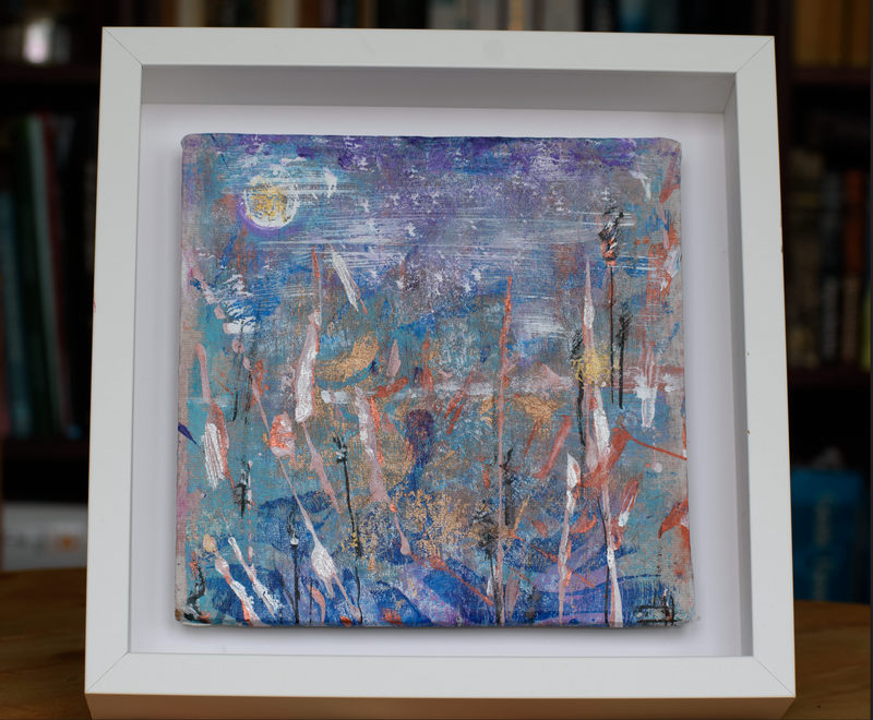 Monoprint on rice paper in a white floating frame , called 'Wetlands', made by mixed media artist Françoise Vaal.