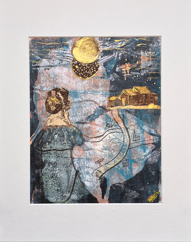 Mixed Media Collage - COMING HOME – Blue & Gold on Rice Paper - 20x25cm