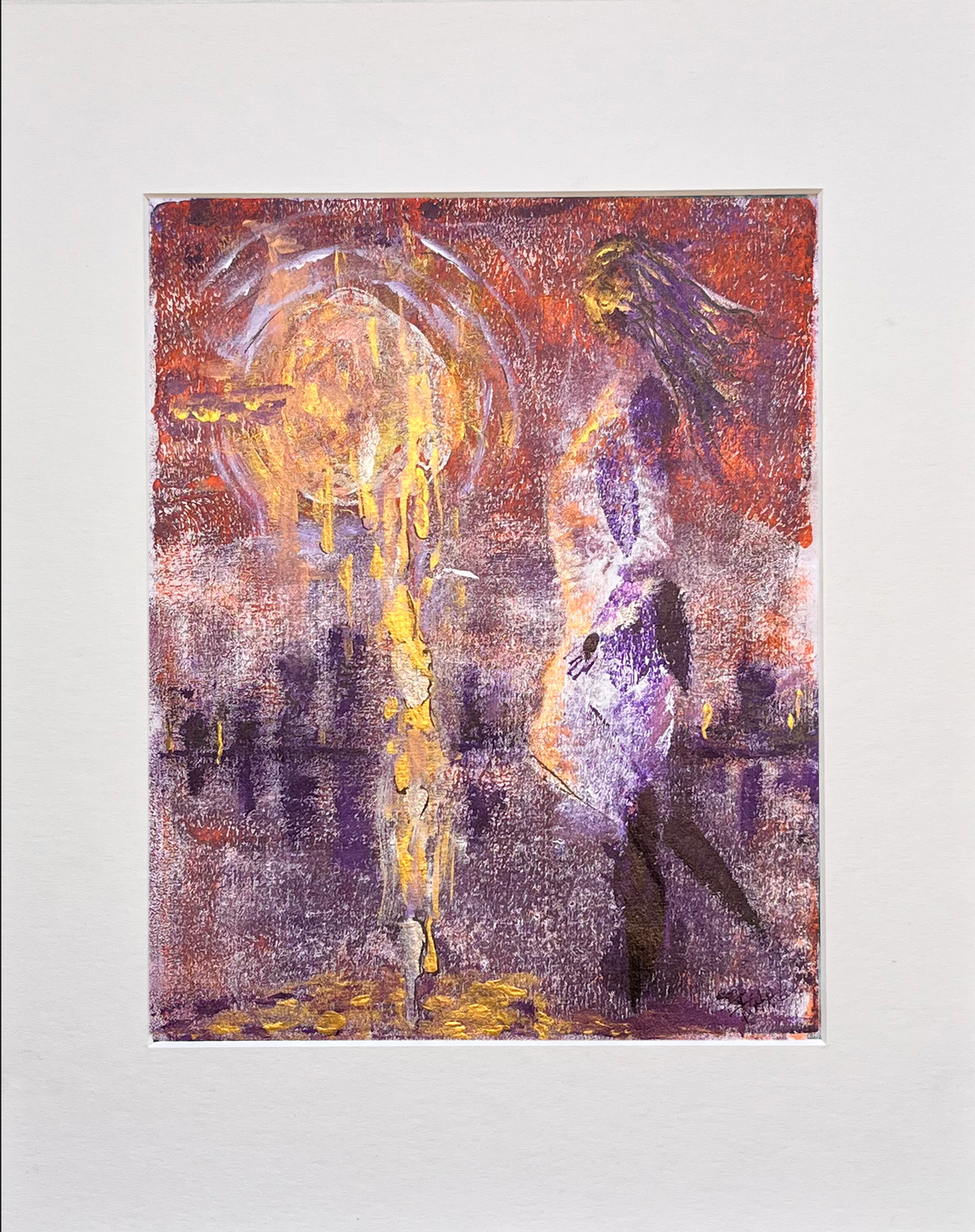 MOON HARVEST - monoprint painting on rice paper with orange, purple golden hues, 20x25cm