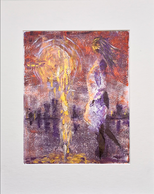 MOON HARVEST - monoprint painting on rice paper with orange, purple golden hues, 20x25cm