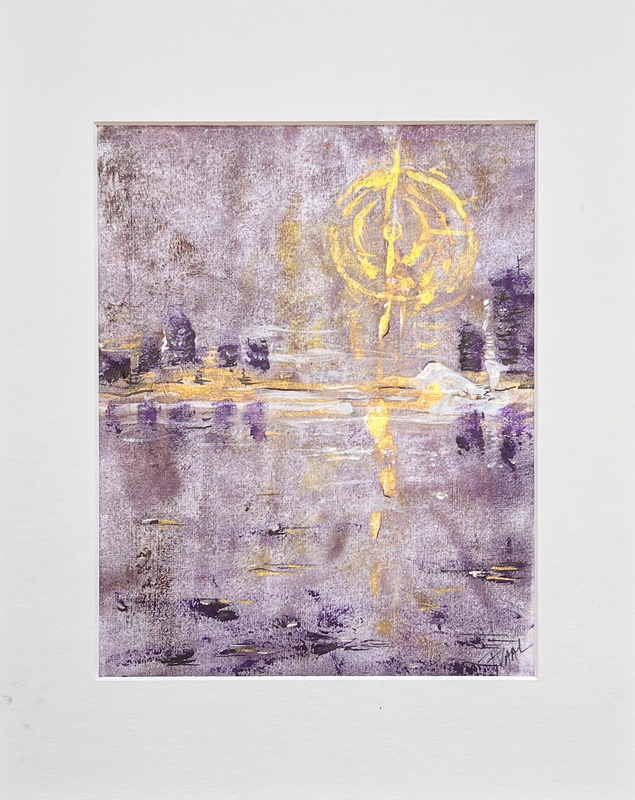 TRUE NORTH - MONOPRINT on rice paper purple and golden hues- 20x25cm