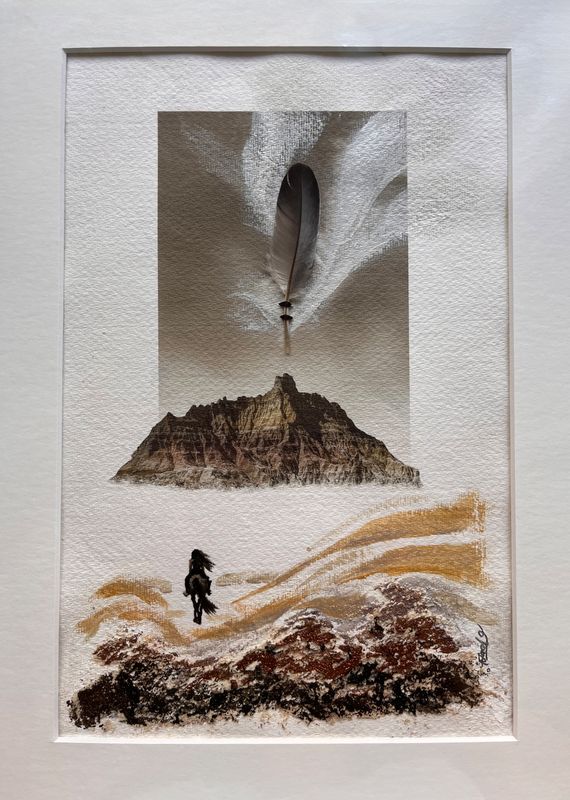 The Mountains are Calling - original mixed media artwork with feather