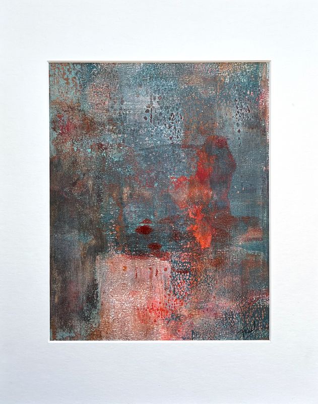 Monoprint called 'Nightfall' made by mixed media artist Françoise Vaal. As daylight slips away and the world holds its breath, there is a moment when everything feels suspended—on the edge of darkness, but full of quiet promise. Nightfall captures this elusive threshold. A landscape softened by shadows, where forms blur and silence deepens, becomes a portal into something timeless. NIghtfall has red, soft pink and predomninantly green/blue hues.