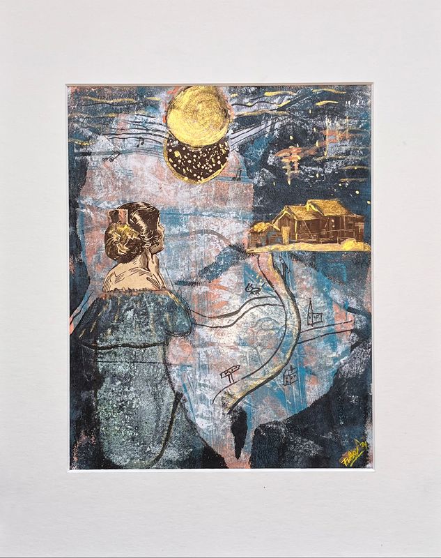 Mixed Media Collage – COMING HOME – A Mixed Media Collage on Rice Paper in Blue & Gold Tones