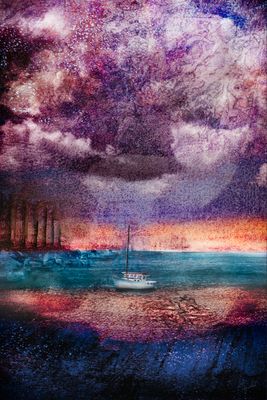 Photo of mixed media artwork depicting a sailboat in a mystical environment. Artwork made by Françoise Vaal