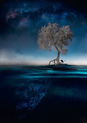 Photo of mixed media artwork "Refuge' made by Françoise Vaal, depicting a solitary tree in an ocean