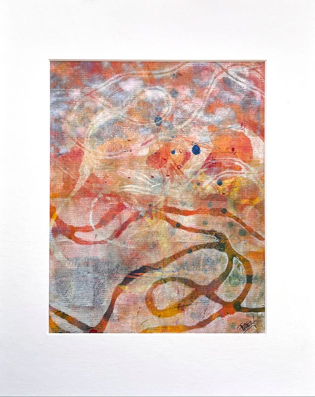 Monoprint on pastel paper, with warm orange and amber hues, made by mixed media artist, Françoise Vaal.