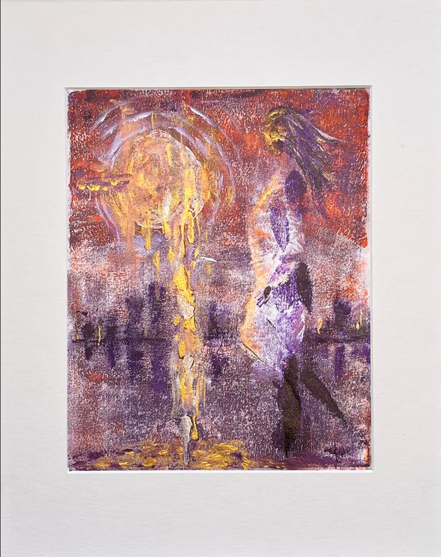 MOON HARVEST – Monoprint on Rice Paper with Orange, Purple, and Lilac Tones – 20x25cm