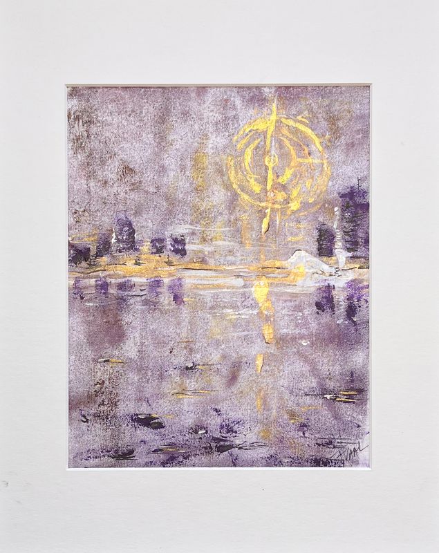 TRUE NORTH – MONOPRINT on Rice Paper with Lilac and Gold Tones – 20x25cm