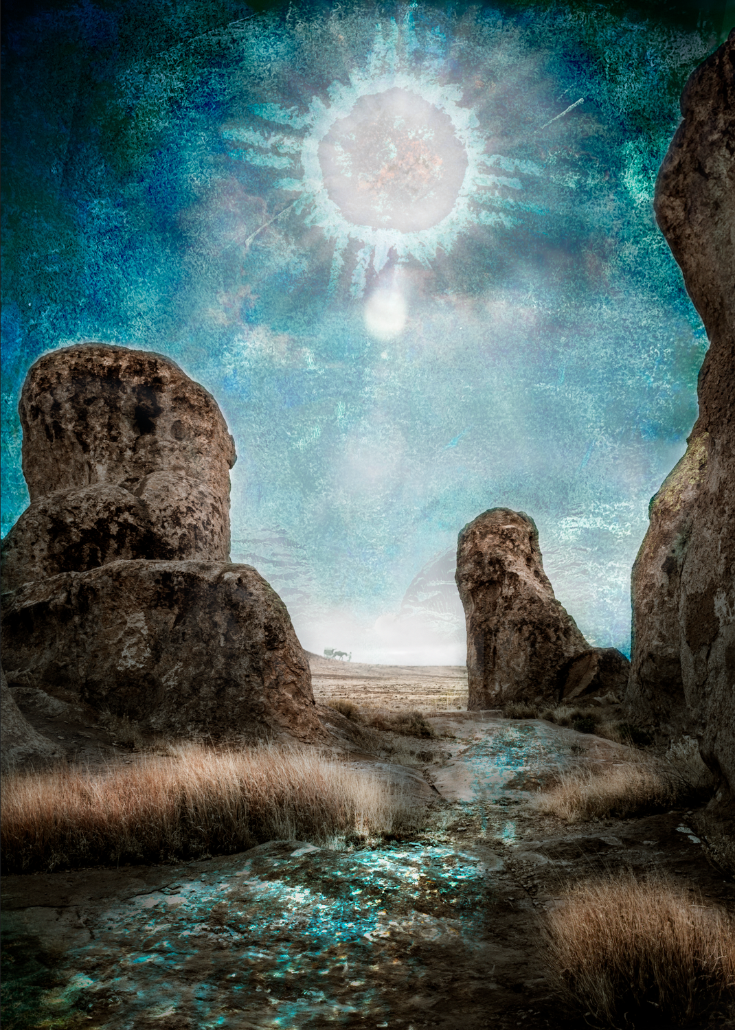 Photo of mixed media artwork "land of enchantment' depicts a rocky landscape with a traveler in the distance. Françoise Vaal