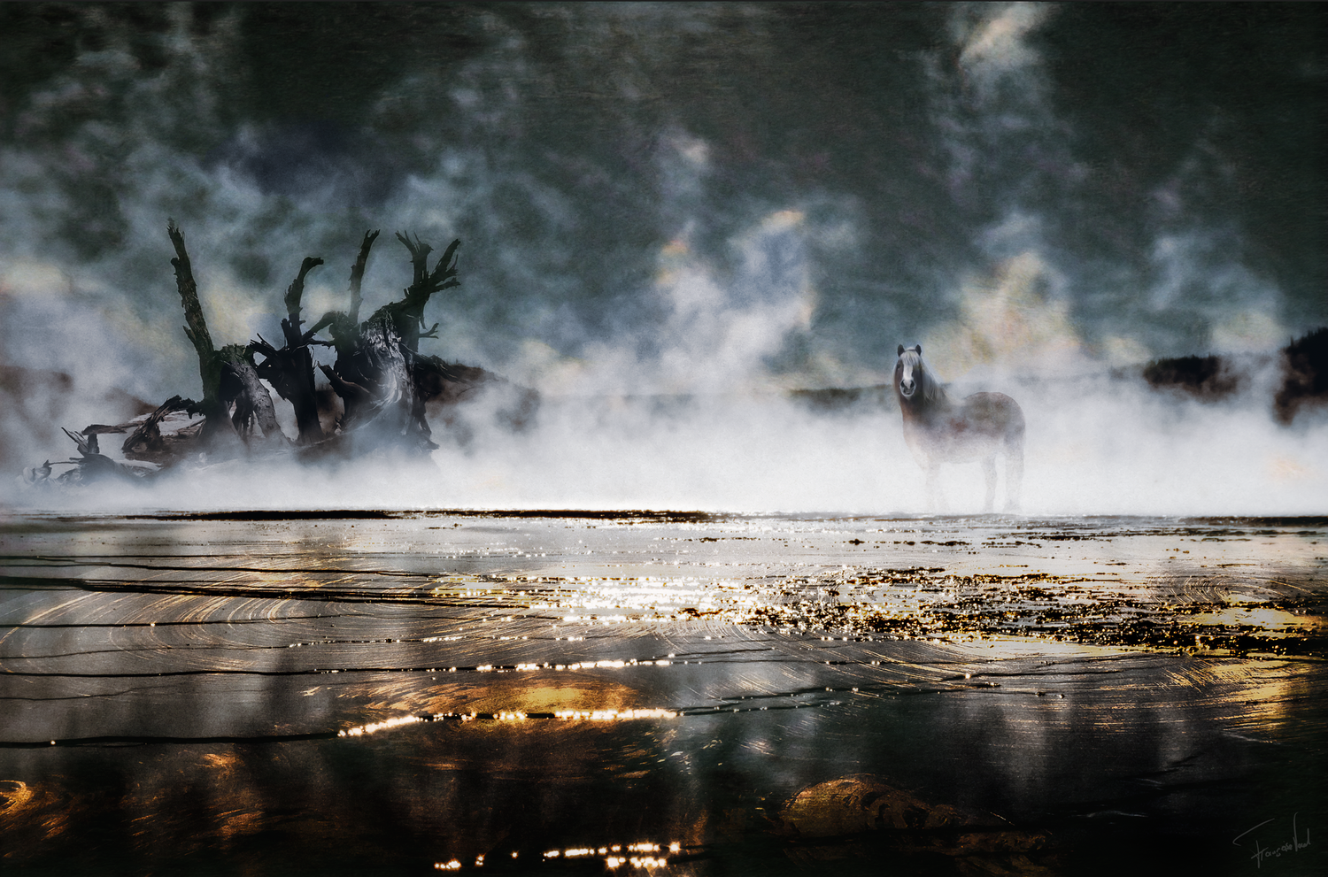 THE BRAVE – Een Mystieke Mixed Media Paarden collage (Yellowstone) (105x70cm, Limited Edition)