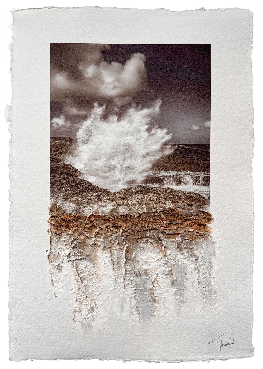 Mixed Media Artwork on Handmade Paper – Splashzone – 20x30 cm Mixed media rugged landscape artwork by Françoise Vaal