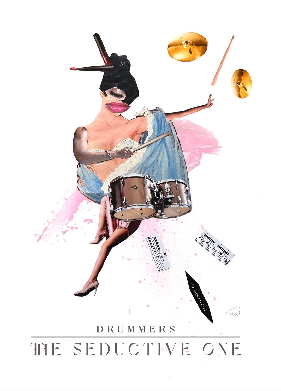 The Seductive One - drummer art - high quality print - 40x50cm Drummer Collage made by Françoise Vaal, depicting a sensual female drummer