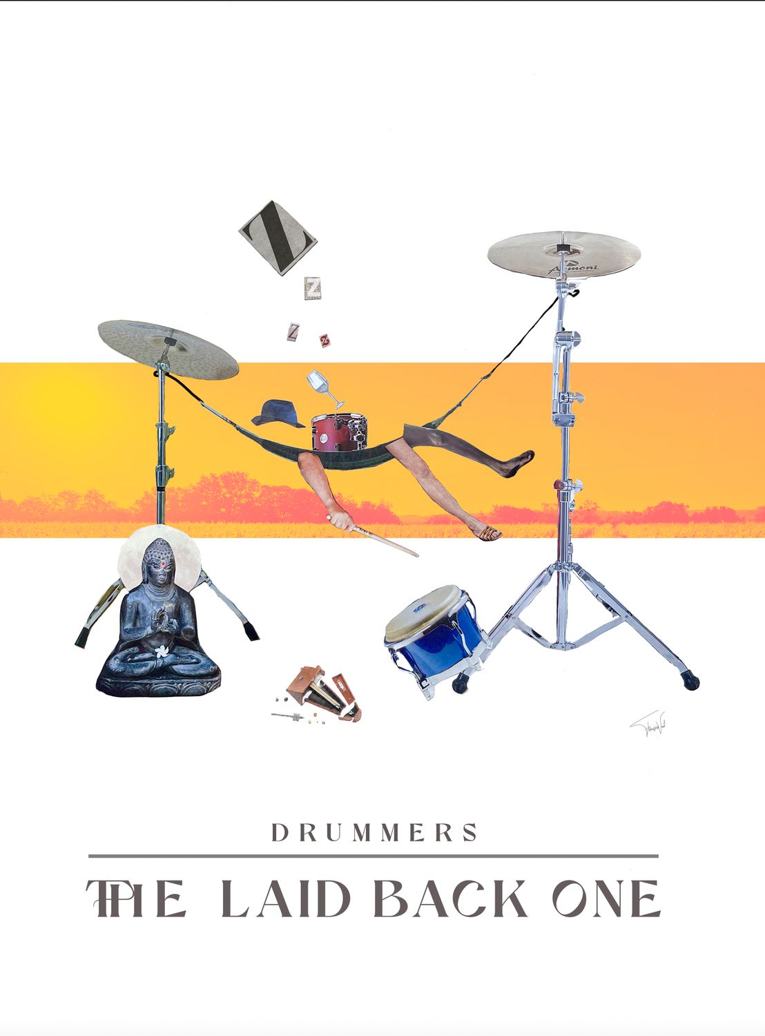 The Laid Back One - collage - drummer art - high quality print - 40x50cm Drummer collage made by Françoise Vaal, depiciting a lazy drummer in a hammock
