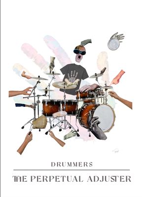Drummer collage made by Françoise Vaal, depicting a drummer with his hands all over the place