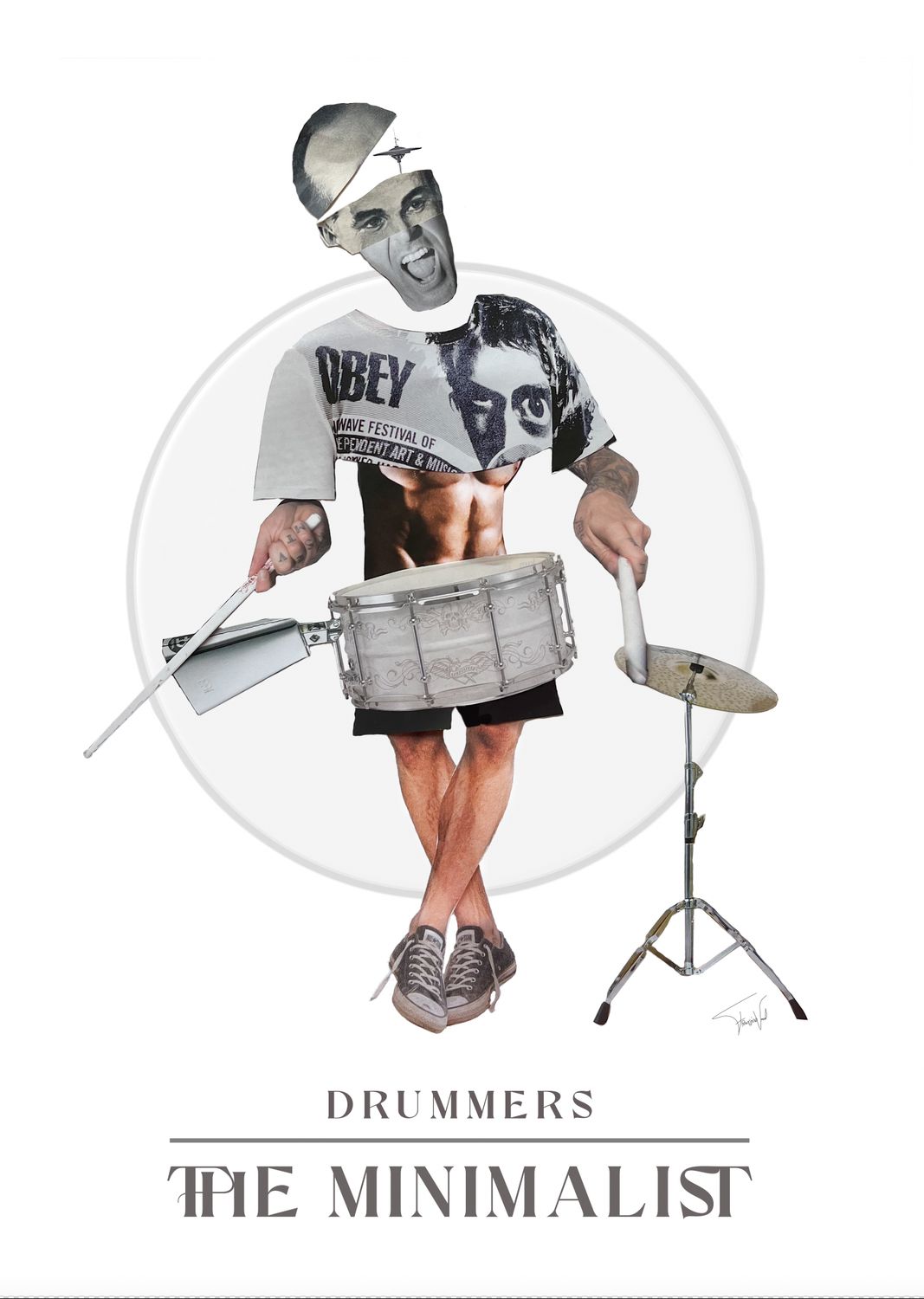 The Minimalist - collage - drummer art - high quality print - 40x50cm Drummer collage made by Françoise Vaal, depicting a minimalistic drummer