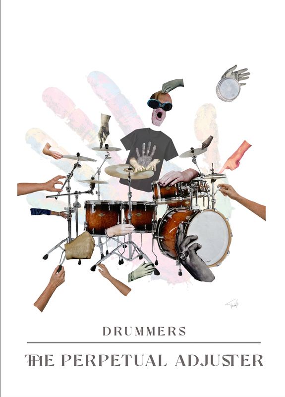 Drummer collage made by Françoise Vaal, depicting a drummer with his hands all over the place