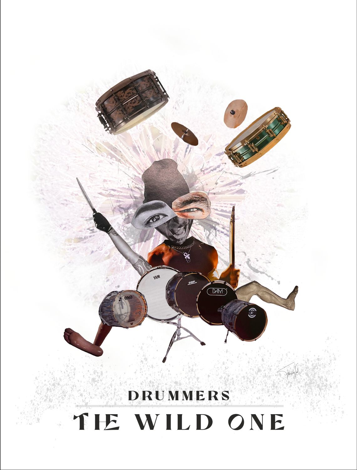 Drummer collage made by Françoise Vaal, depicting a wild drummer
