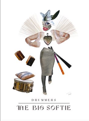 The Big Softie - collage - drummer art - POSTER print 50x70cm Drummer collage made by Françoise Vaal, depicting a female drummer with a big heart