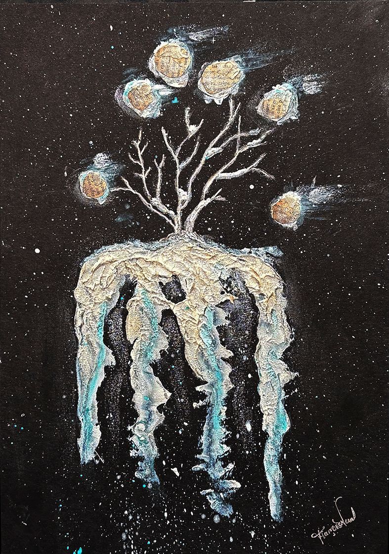 Mixed Media Artwork on Black Paper – Winter Tree – 20x30 cm Mixed Media Artwork on Black Paper – Winter Tree – 20x30 cm