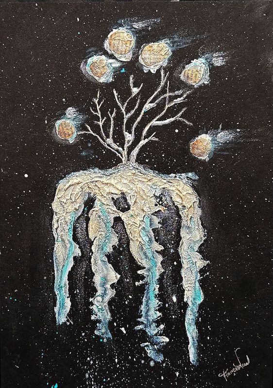 Mixed Media Artwork on Black Paper – Winter Tree – 20x30 cm Mixed Media Artwork on Black Paper – Winter Tree – 20x30 cm