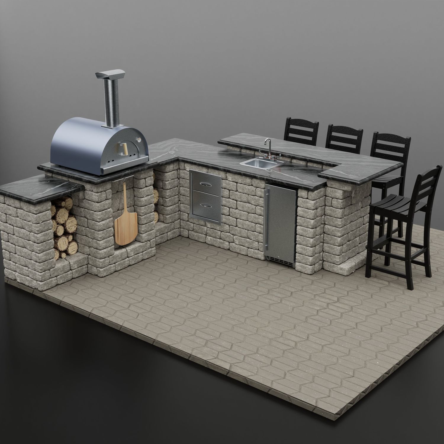 “Pizza Parlor Hangout” Pre-Designed Outdoor Kitchen with Pizza Oven & Bar