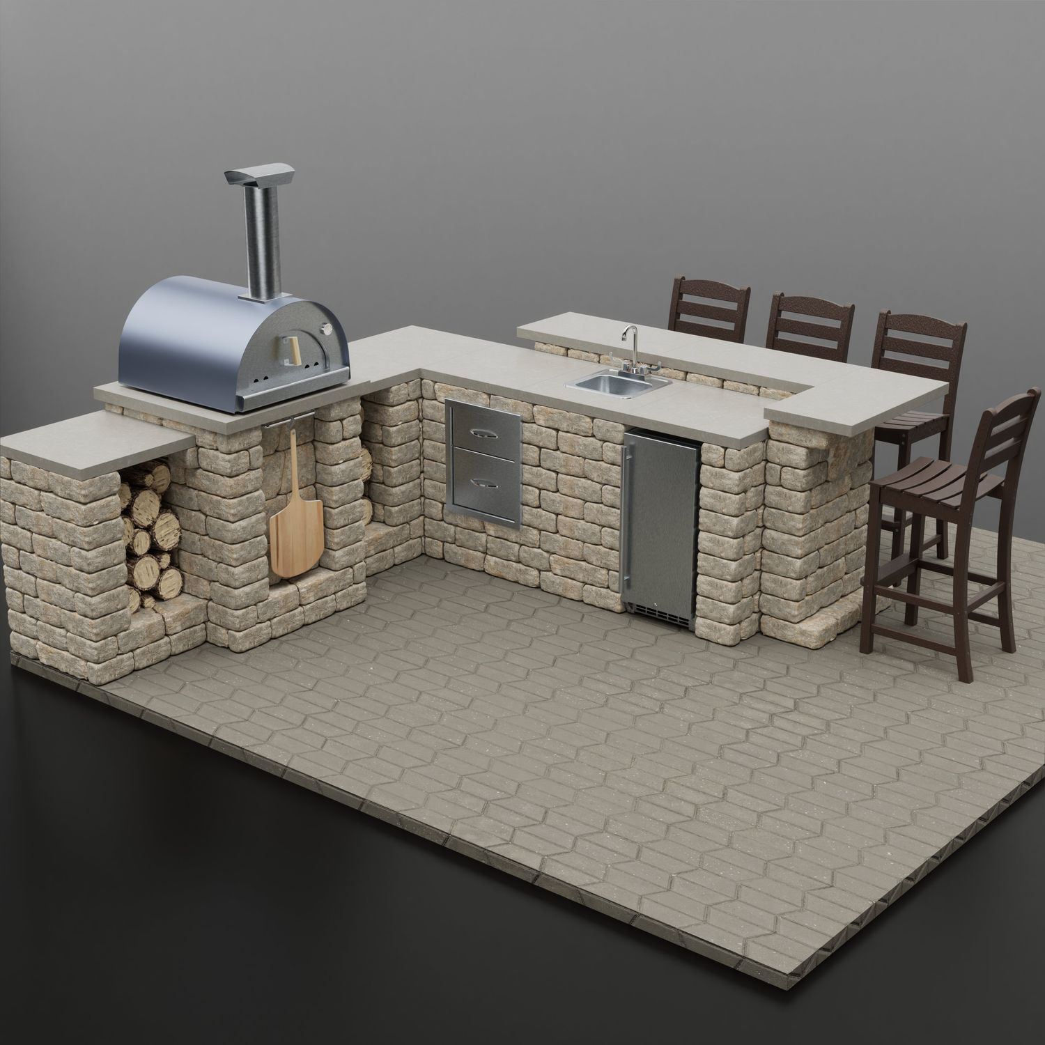 “Pizza Parlor Hangout” Pre-Designed Outdoor Kitchen with Pizza Oven & Bar