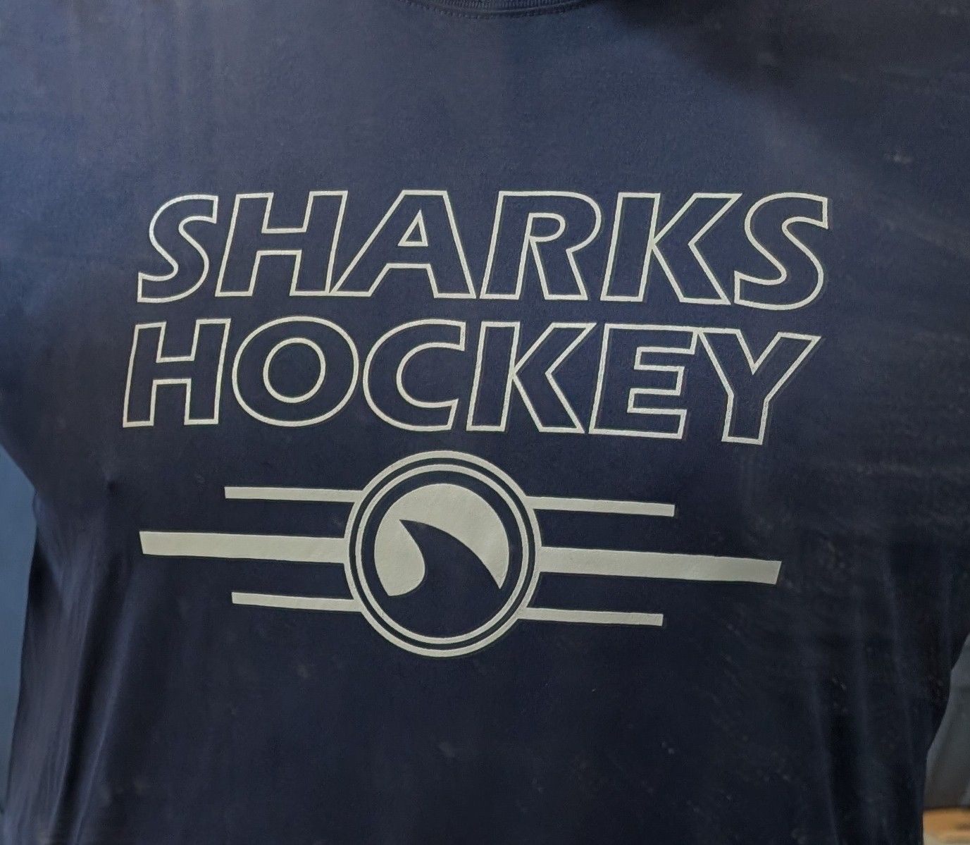 Long Sleeve Shirt,  Navy,  Moisture Wicking &quot; Sharks Hockey&quot; Fin design