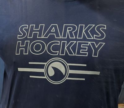 Long Sleeve Shirt,  Navy,  Moisture Wicking &quot; Sharks Hockey&quot; Fin design