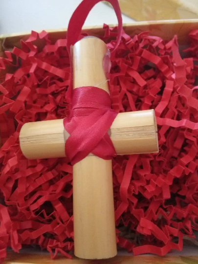 Reed cross with red ribbon passed around 40 times, talisman,blessing. Handmade.