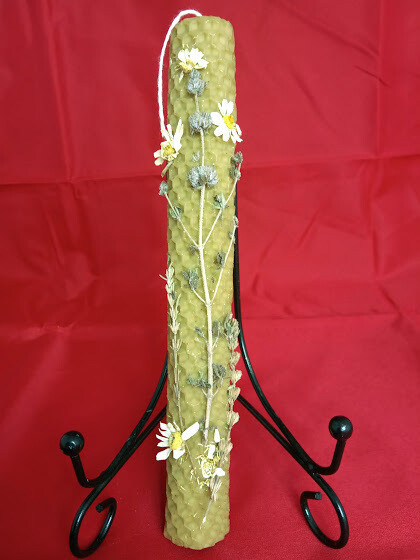 Candle - lambada- handmade of pure honeycomb, 20X4cm,with herbs-botanical decoration
