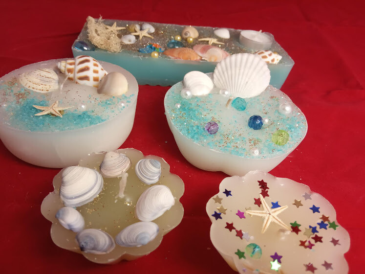 Set, Unique handmade sea theme decorative candles, two different pieces, 11x3,5cm, weight 500gr, each