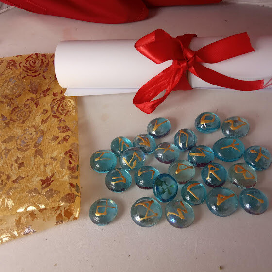 Runes with golden Bag and Casting Instructions- interpretations, a celtique gift