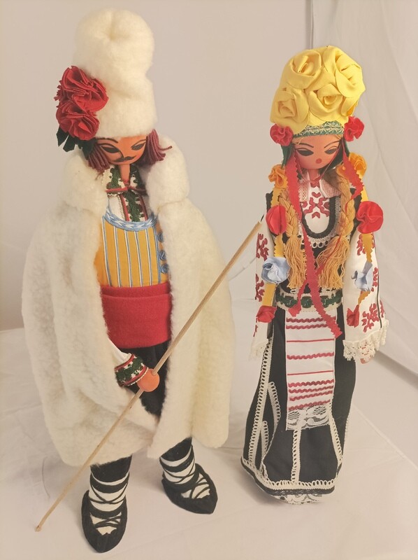 Couple dolls with groom and bride in traditional bulgarian wedding costumes