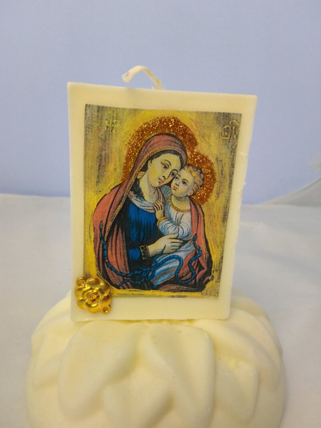 Candle with Virgin Mary and Jesus icon