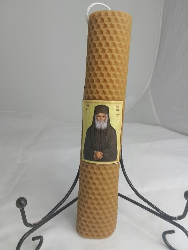 Candle, lambada, handmade, from pure honeycomb, 20x4cm, with Saint Paisios icon