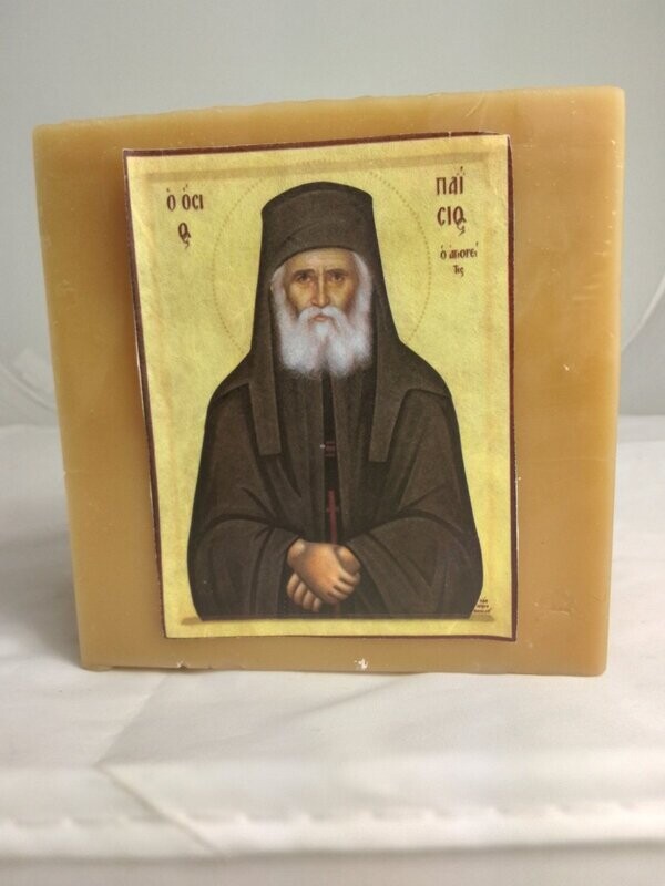 Latern from pure beeswax  10x12 cm, with miraculous Saint Paisios  icon