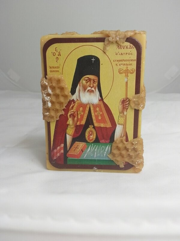 Handmade beeswax and honeycomb candle with Saint Loukas the doctor icon