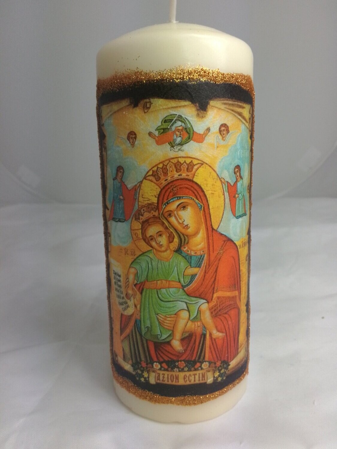 ​Candle with Virgin Mary and Jesus icon, handmade